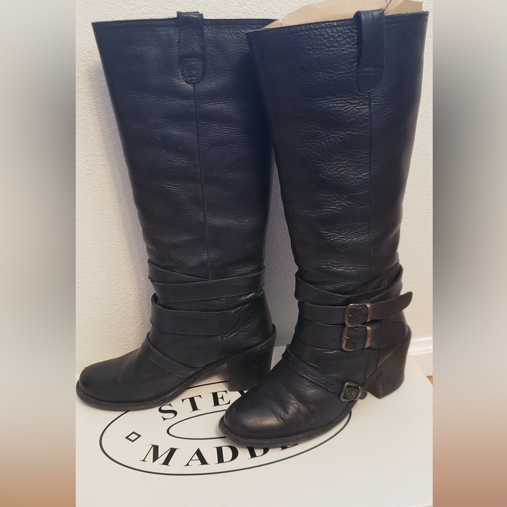 Steve Madden Bruce Black Leather Knee High Boots 9 Buckle and Strapping Detail